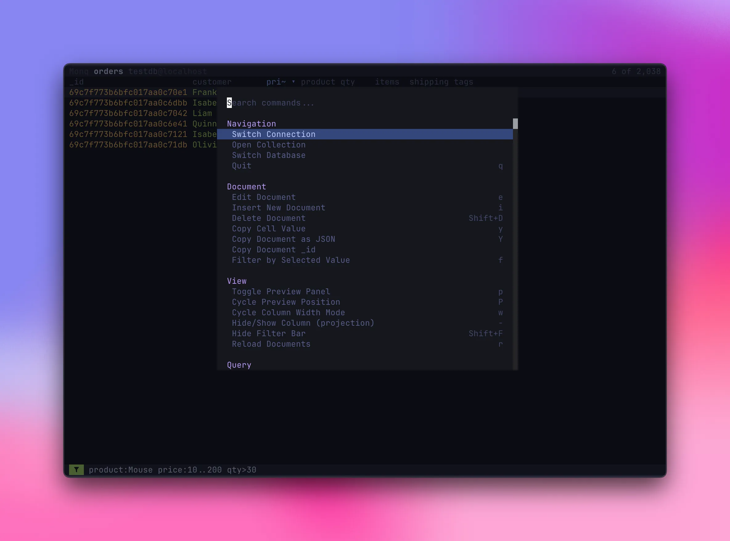 Command palette with searchable actions and keybinding hints