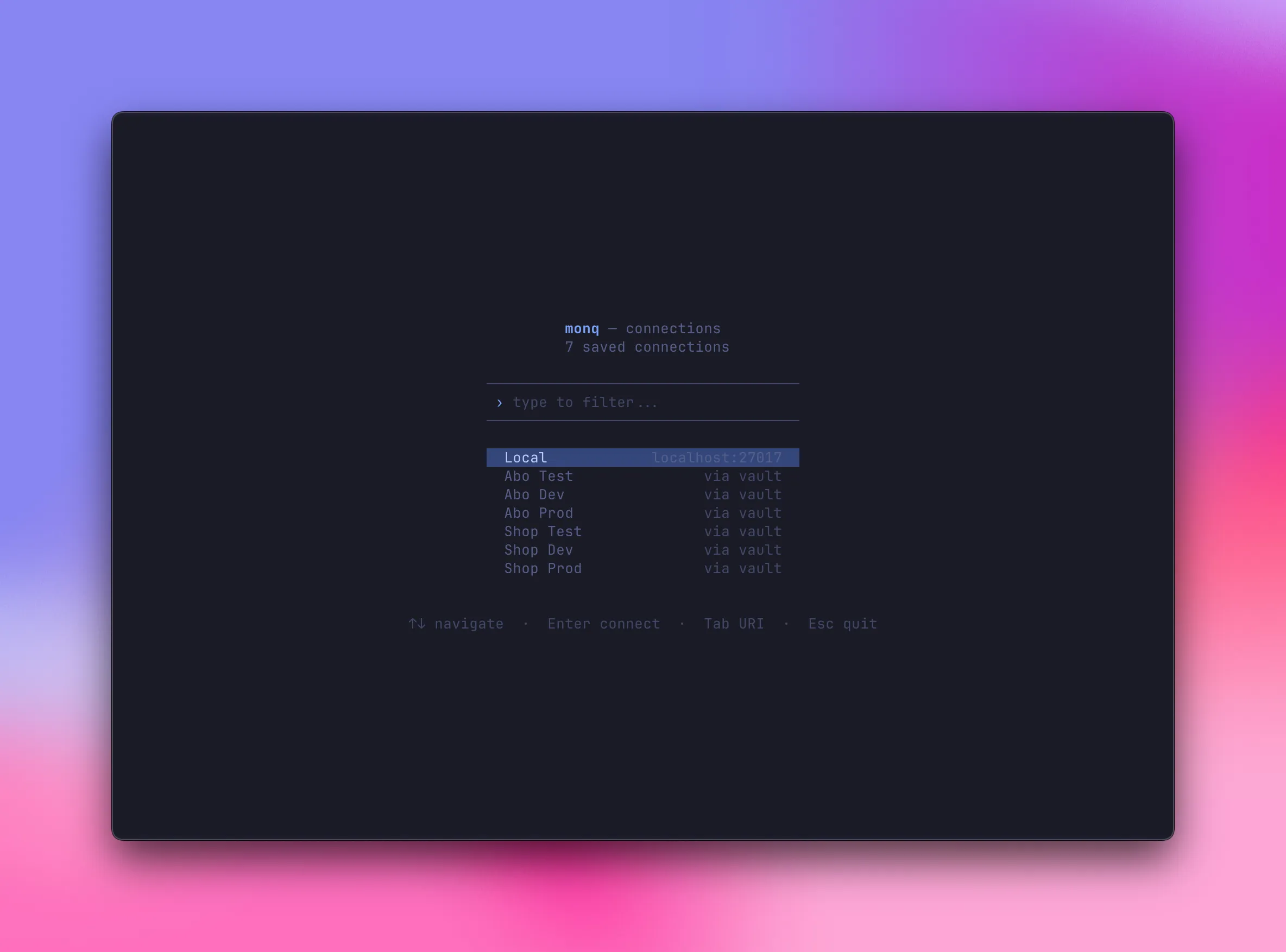 Saved connection profiles screen on startup