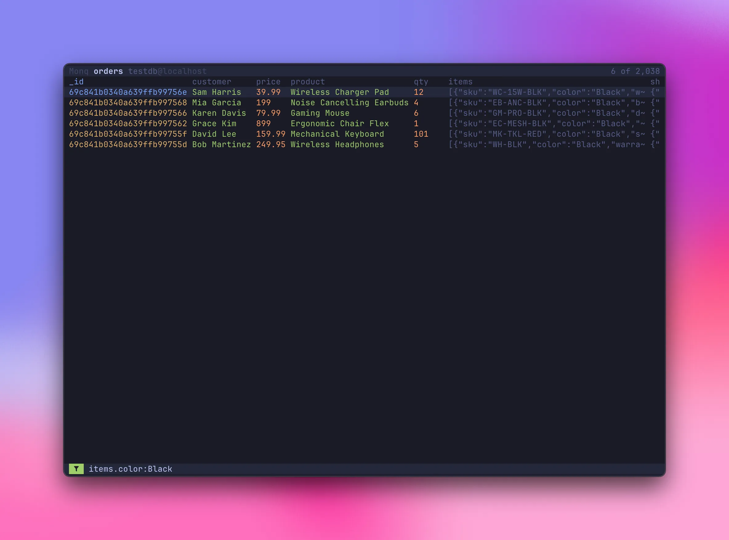 Filter bar with nested field query items.color:Black