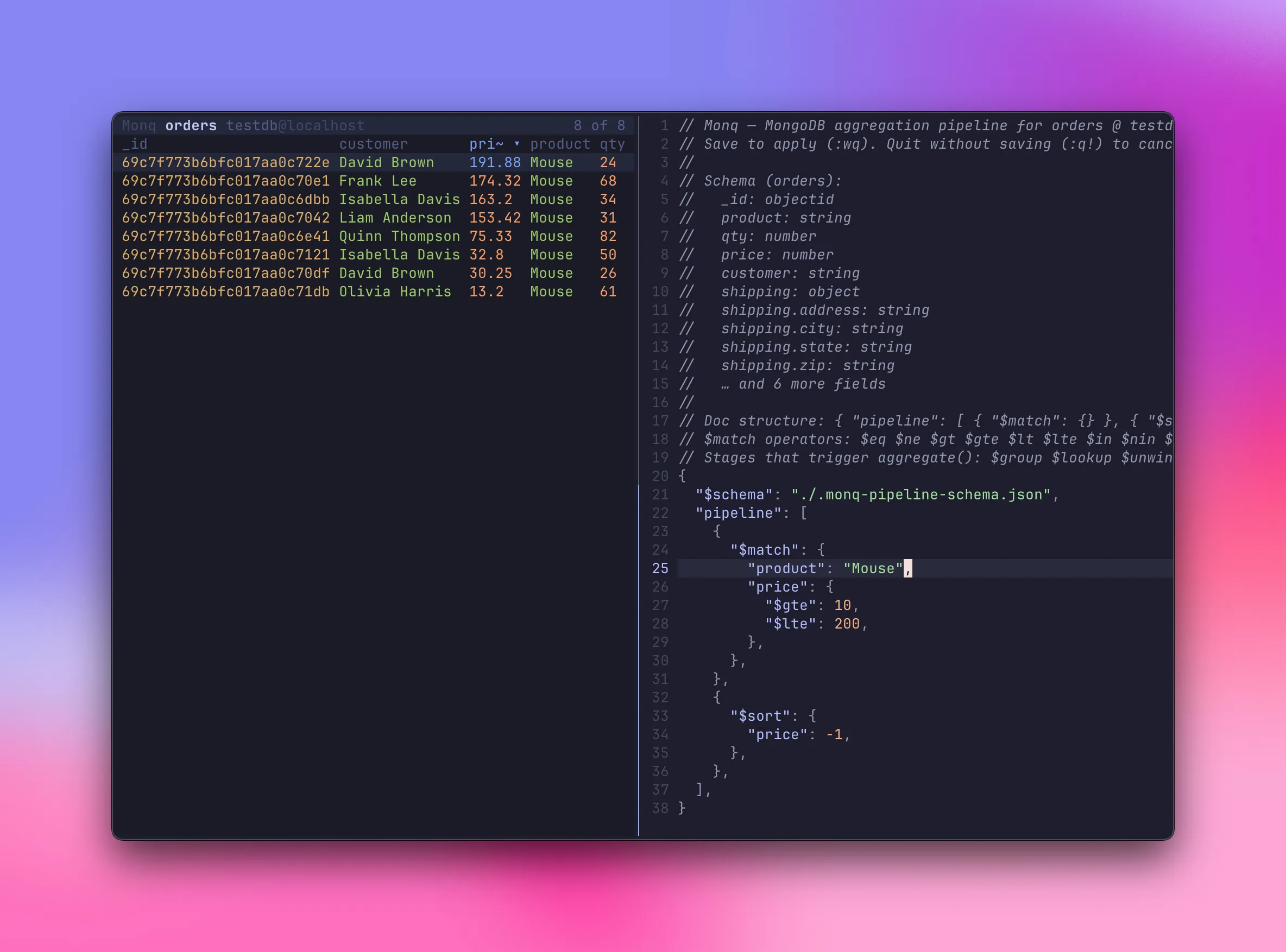 Pipeline editor open in a tmux split alongside live results
