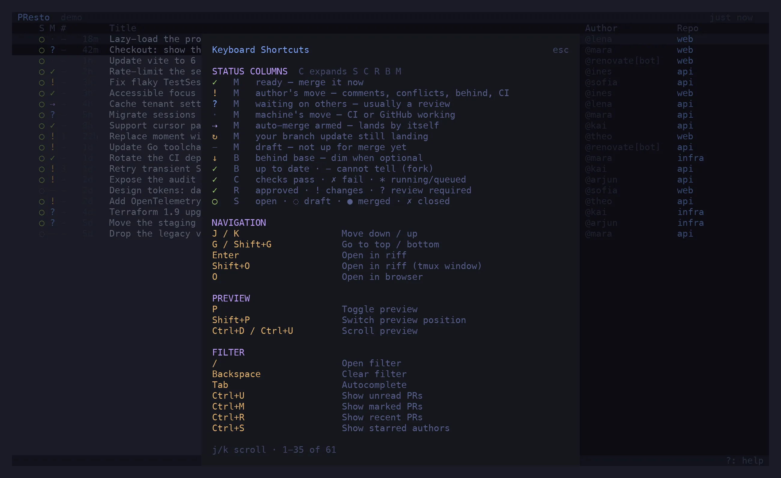 The shortcut dialog with the column legend