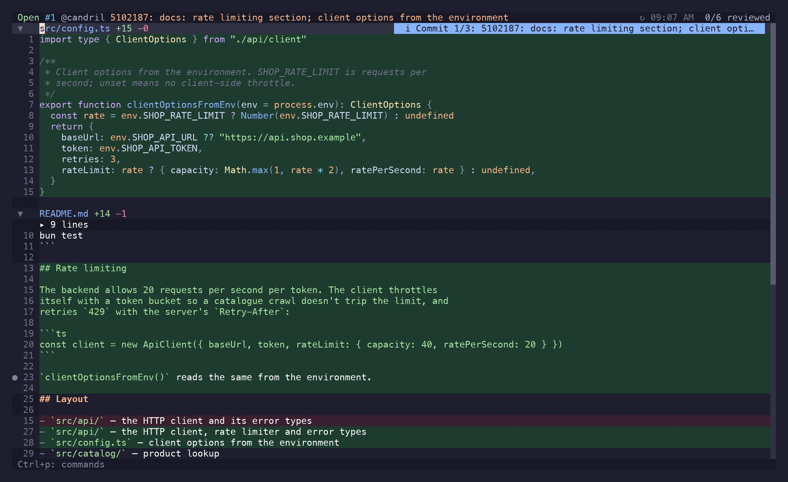 The diff filtered to one commit