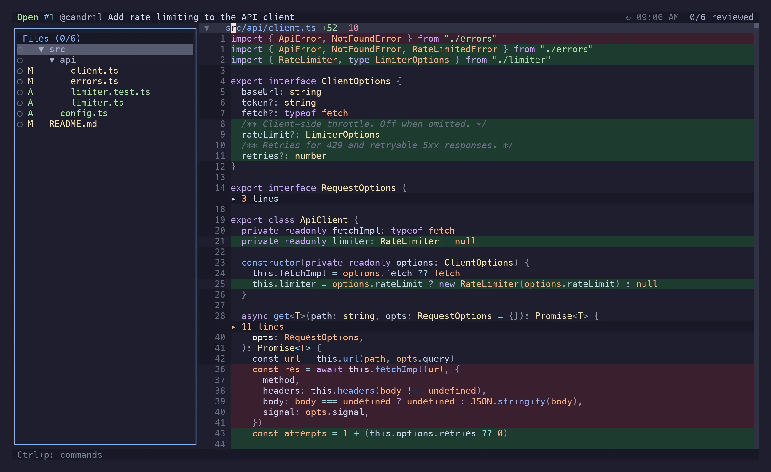 The diff with the file tree open